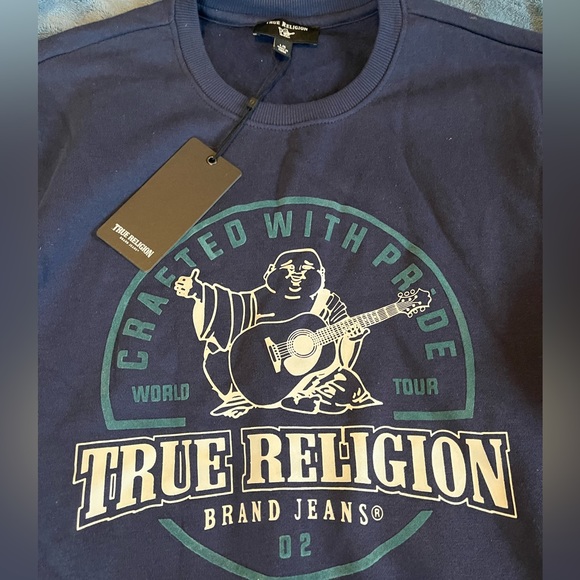 Mens True Religion Pullover Crewneck Logo Sweatshirt Navy Blue Green - Picture 4 of 5